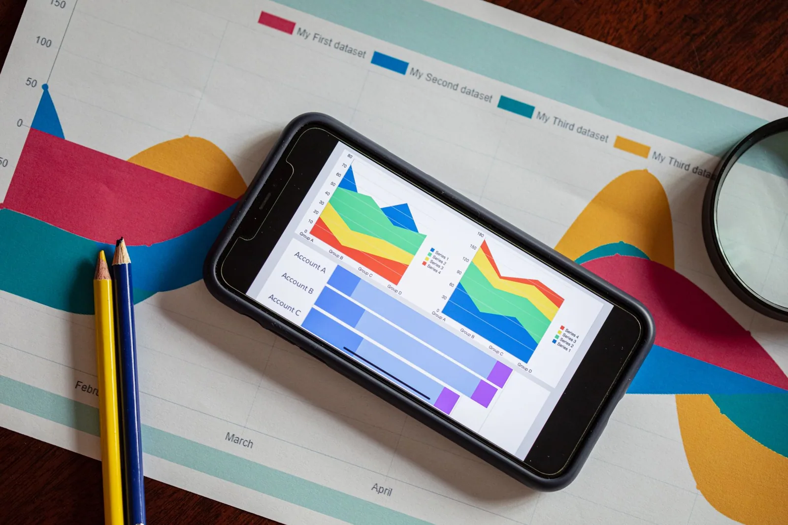 Phone showing colorful charts on top of printed graphs